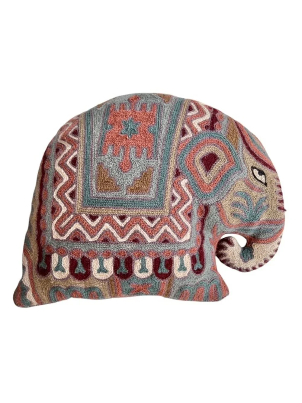 Kashmiri Chain Stitch Wool Elephant Pillow Handmade VTG 13